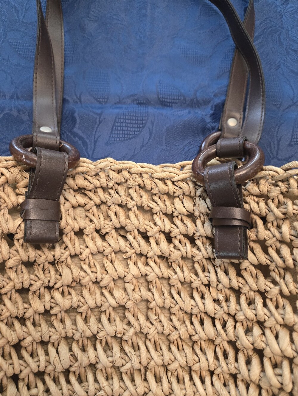 Woven Straw Tote Bag with Dark Brown Handles